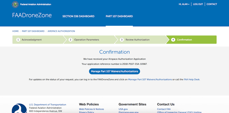 faadronezone airspace application confirmation