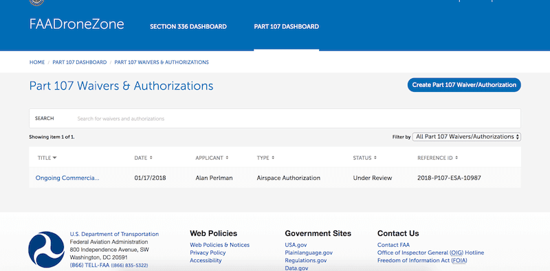 faadronezone airspace authorization application status